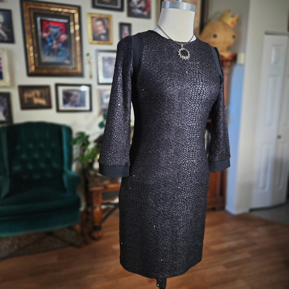 Gianni Bini Womens Black Sequin Textured Sheath Dress 3/4 Sleeve Bodycon‎ Small